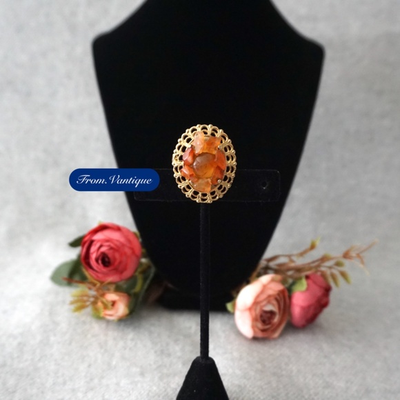 🟠 VINTAGE Gold & Orange Gem Chips Brooch / Scarf Pin 🧷 - Picture 2 of 5